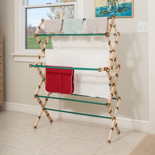 Lehman’s Foldable Compact Drying Rack, Collapsible Accordion Wooden Laundry Rack for Drying Clothes, 11 Rungs